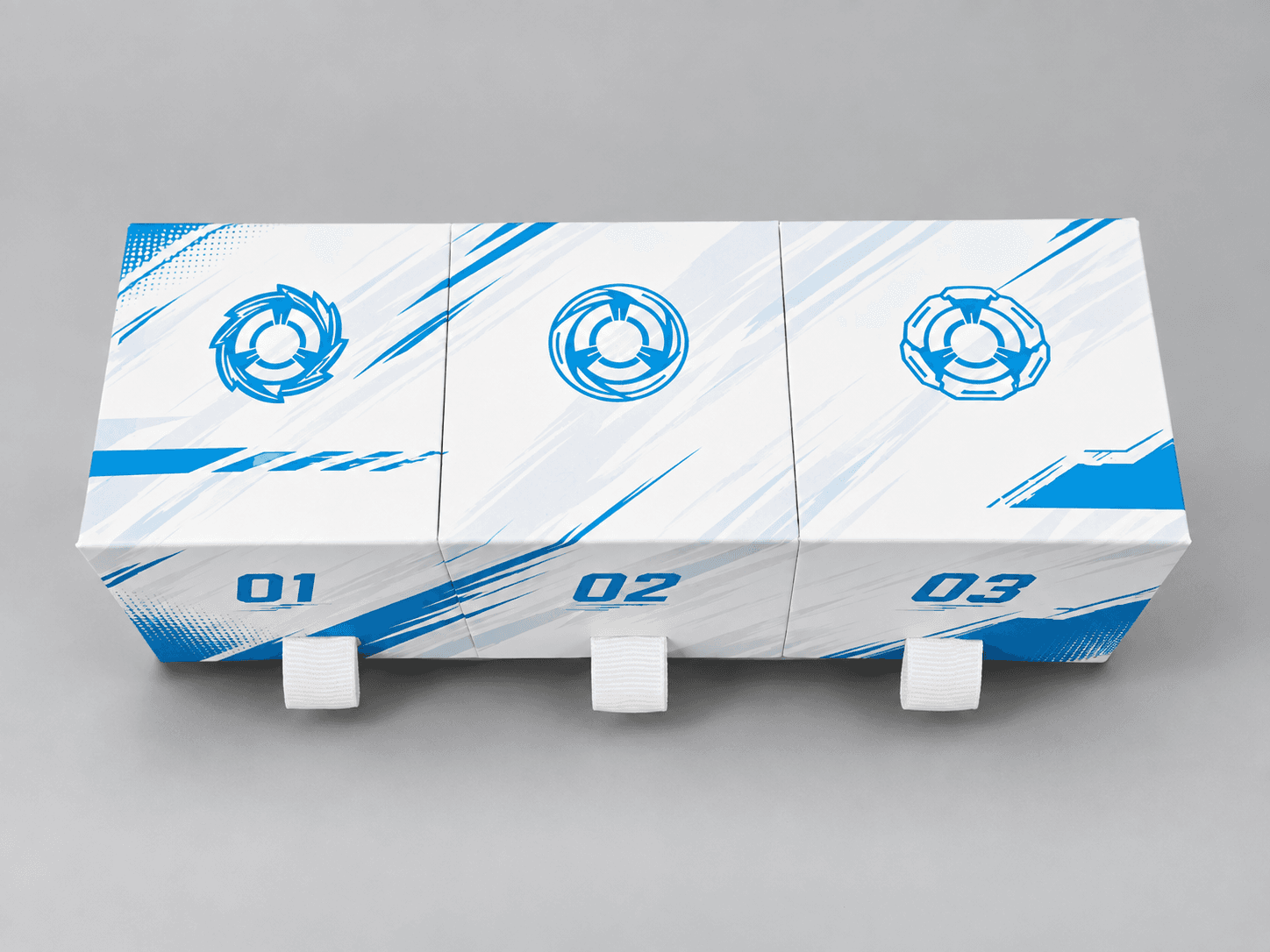 Top of the closed RaidenCore case showing three blue lid emblems and white ribbon pulls