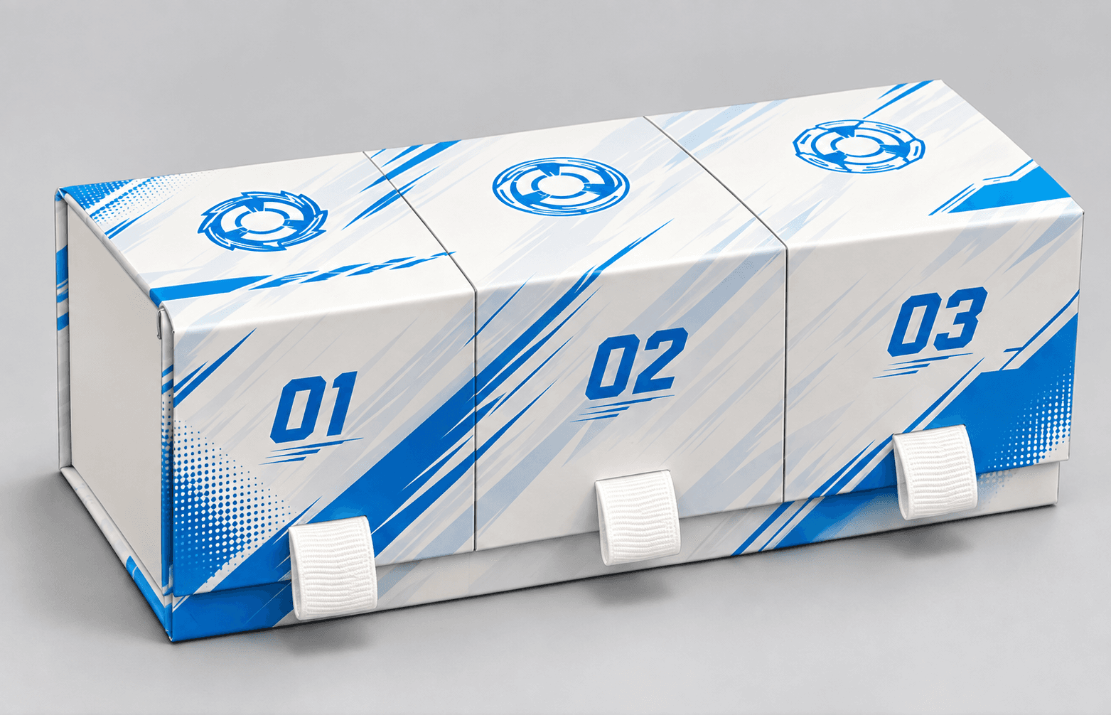 RaidenCore blue and white deck case viewed from the front left, showing three numbered lids and white ribbon pulls