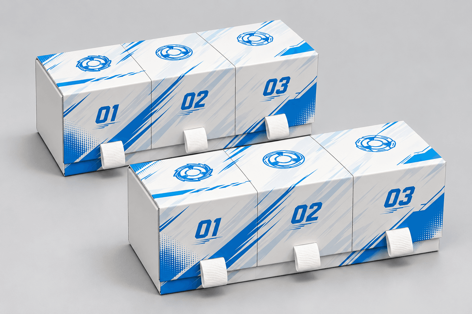 Two closed blue and white RaidenCore deck cases in a staggered arrangement
